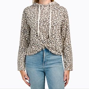 C&C California Leopard Print Twist Front Hooded Sweatshirt Size Medium